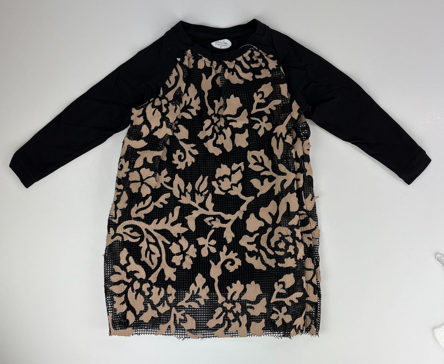 LONG SLEEVE BLACK DRESS W/ NETTING AND PINK LEAVES