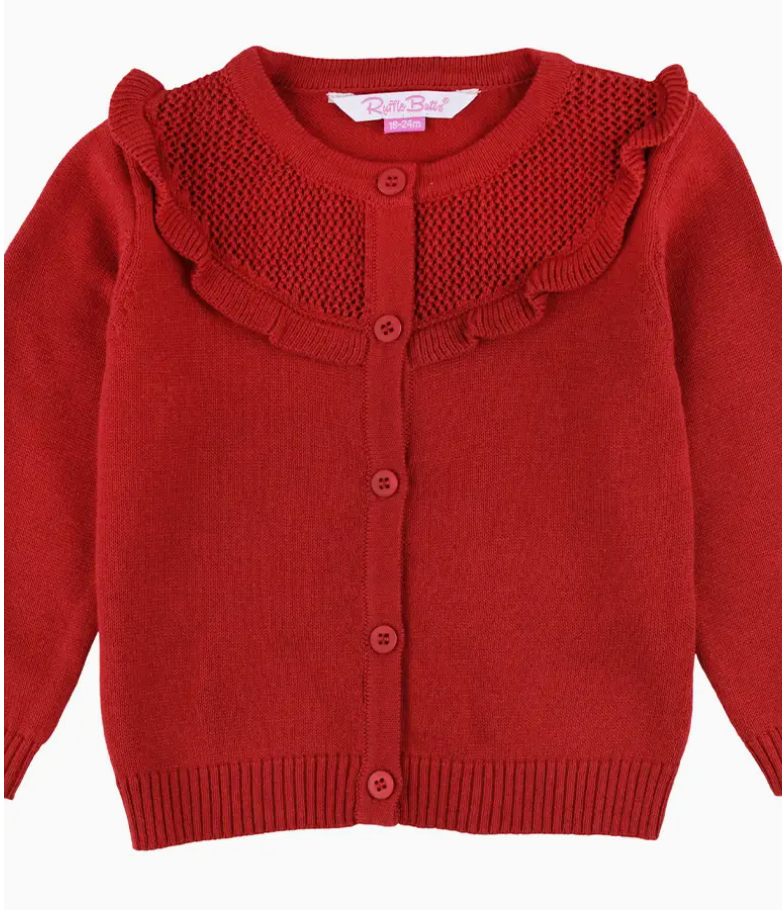 Girls Classic Red Sweater Knit Ruffle Trim Cardigan