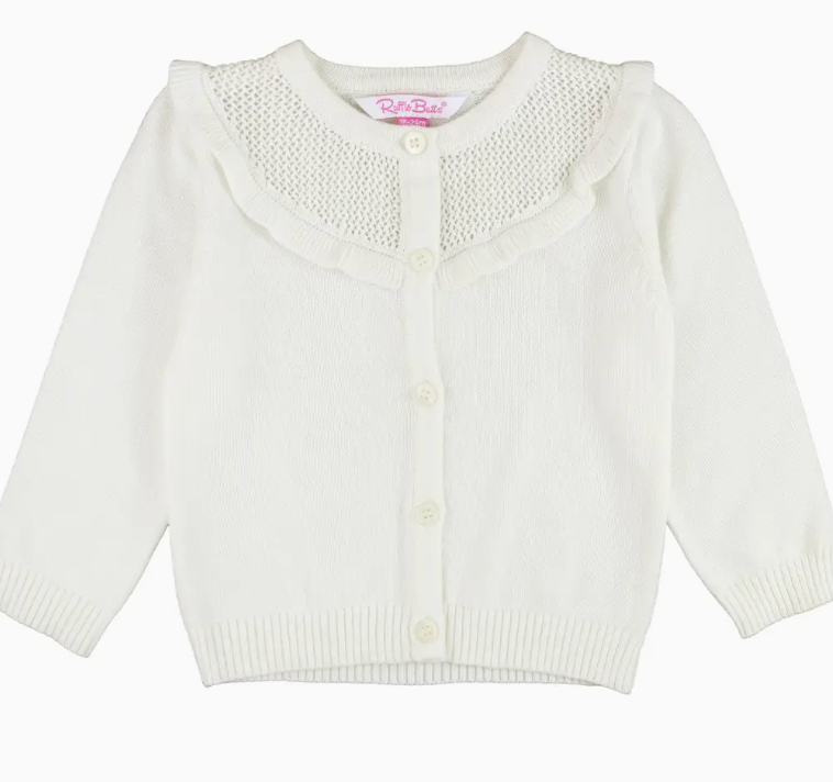 Girls Off-White Sweater Knit Ruffle Trim Cardigan