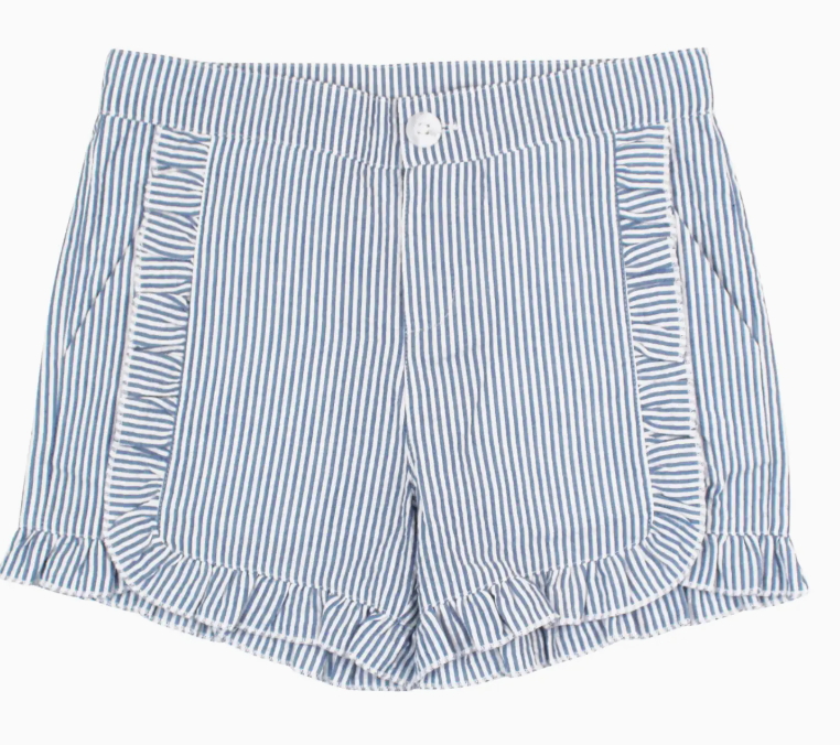Girls Blue Seersucker Ruffle Trim Woven Shorts | Blue / 8