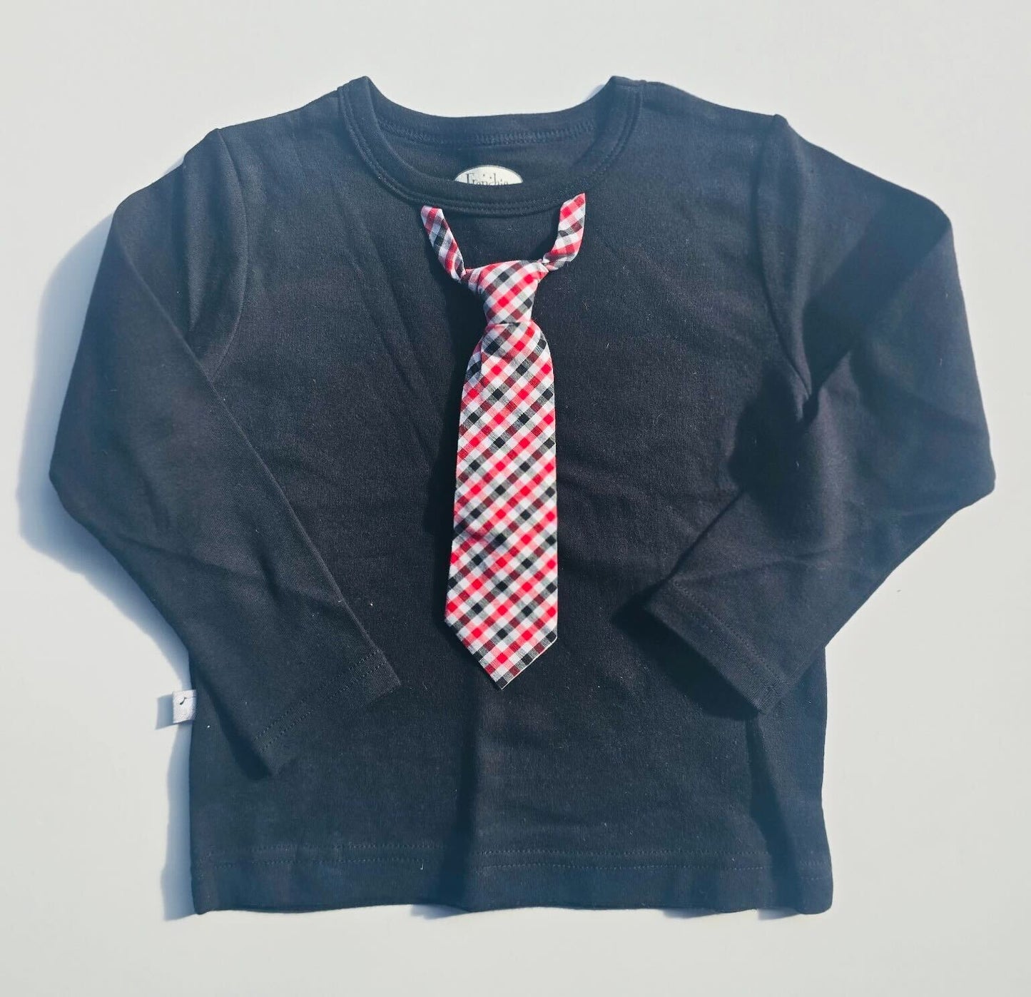 BLACK LONG TEE WITH RED WHITE BLACK CHECK TIE