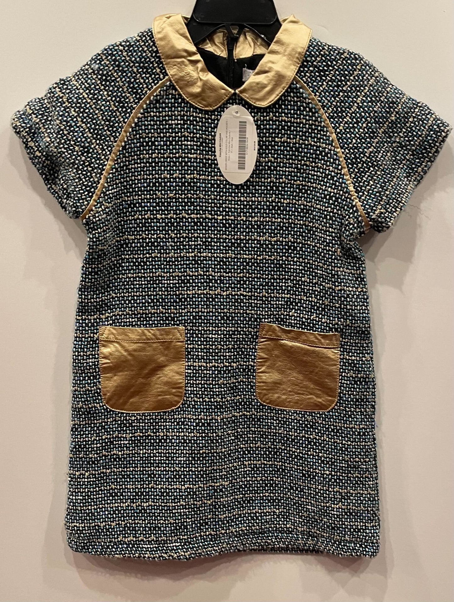 WOVEN DRESS WITH GOLD COLLAR AND POCKETS