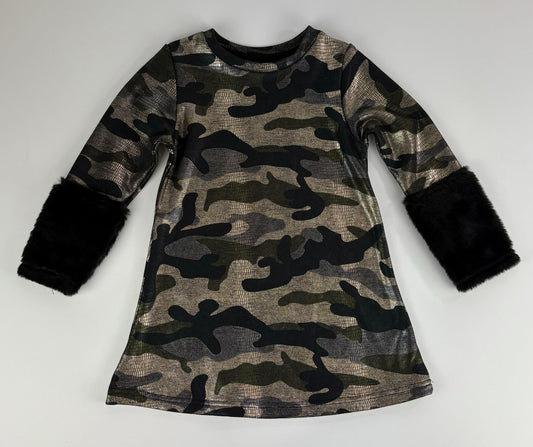 SNAKE SKIN GOLD GREEN BLACK CAMO DRESS WITH FUR SLEEVES
