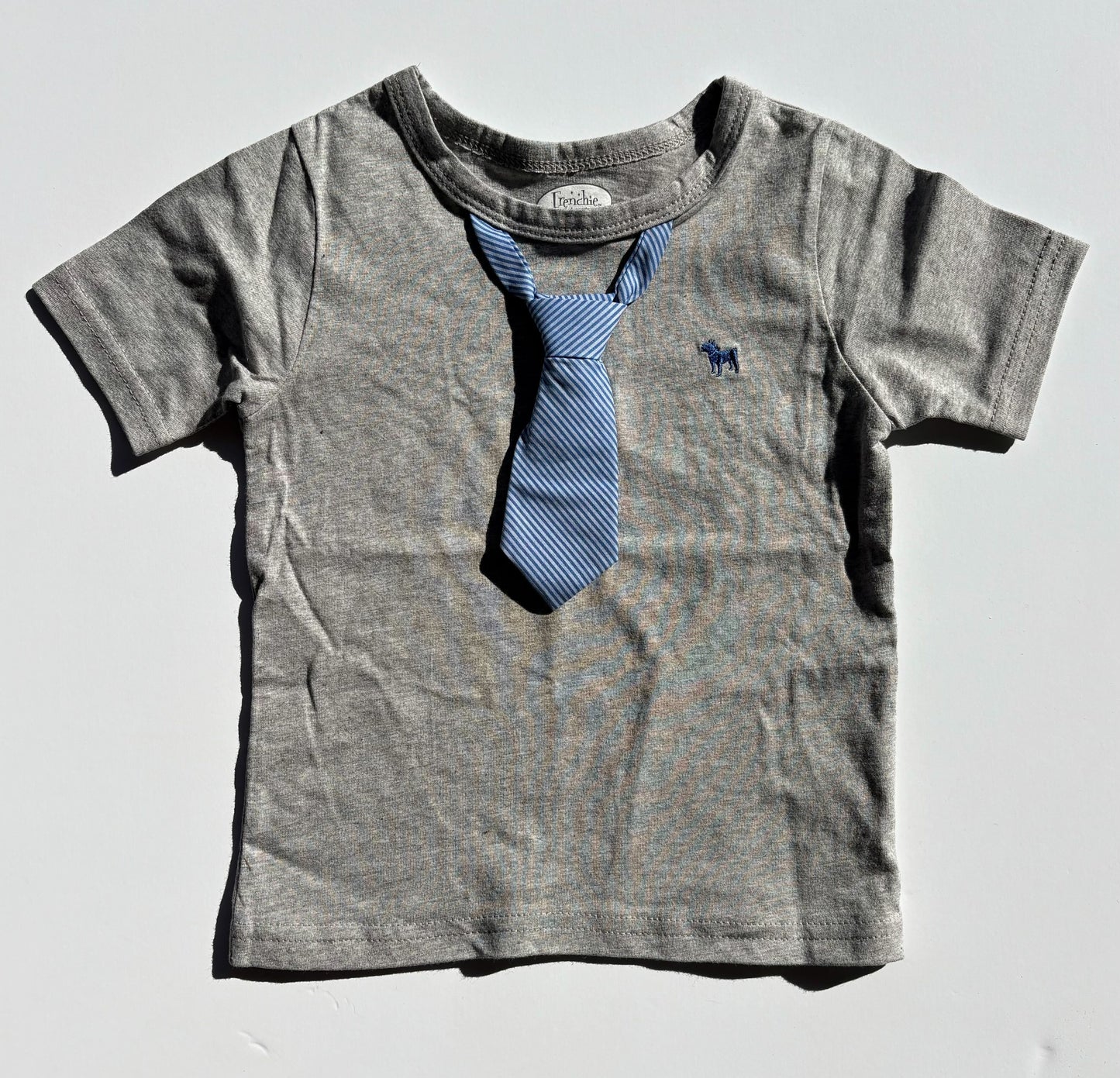 GREY TEE WITH BLUE STRIPED TIE