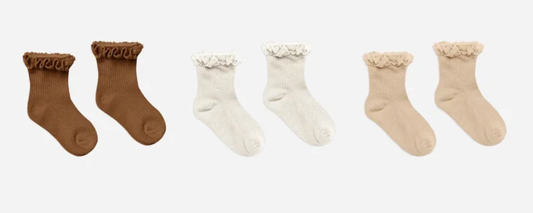 RUFFLE SOCKS, 3 PACK || CHOCOLATE, IVORY, SHELL