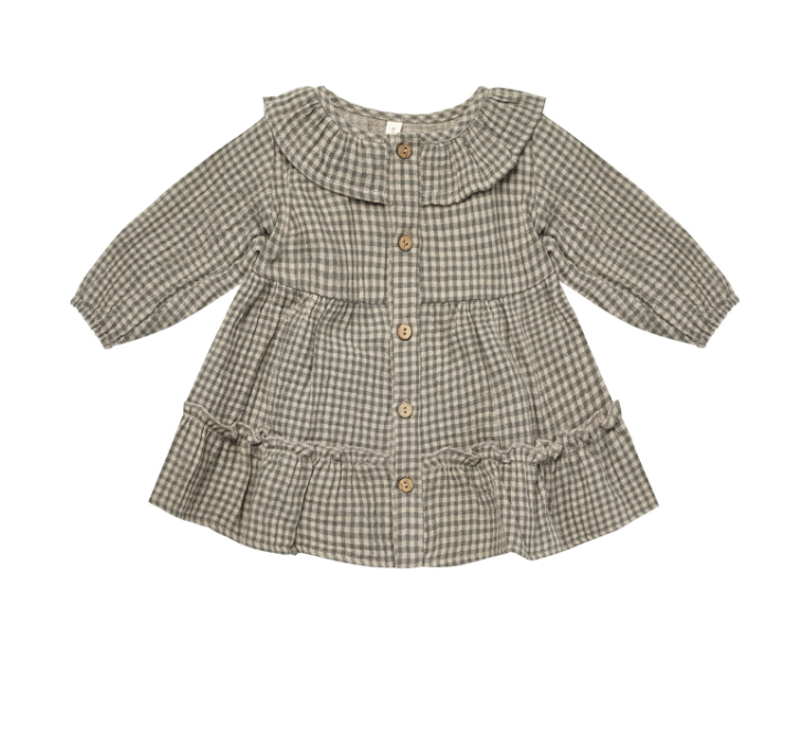 RUFFLE COLLAR BUTTON DRESS || FOREST MICRO PLAID