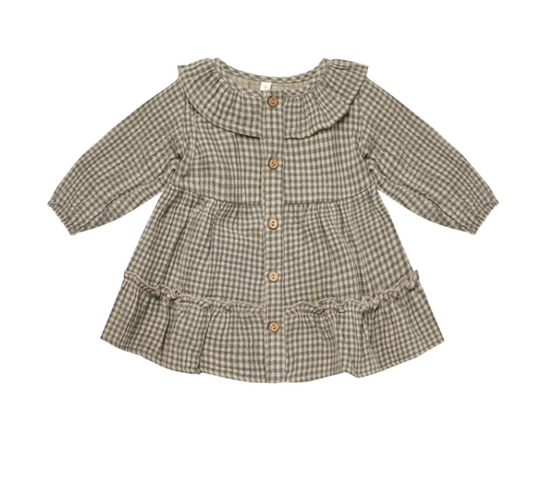 RUFFLE COLLAR BUTTON DRESS || FOREST MICRO PLAID