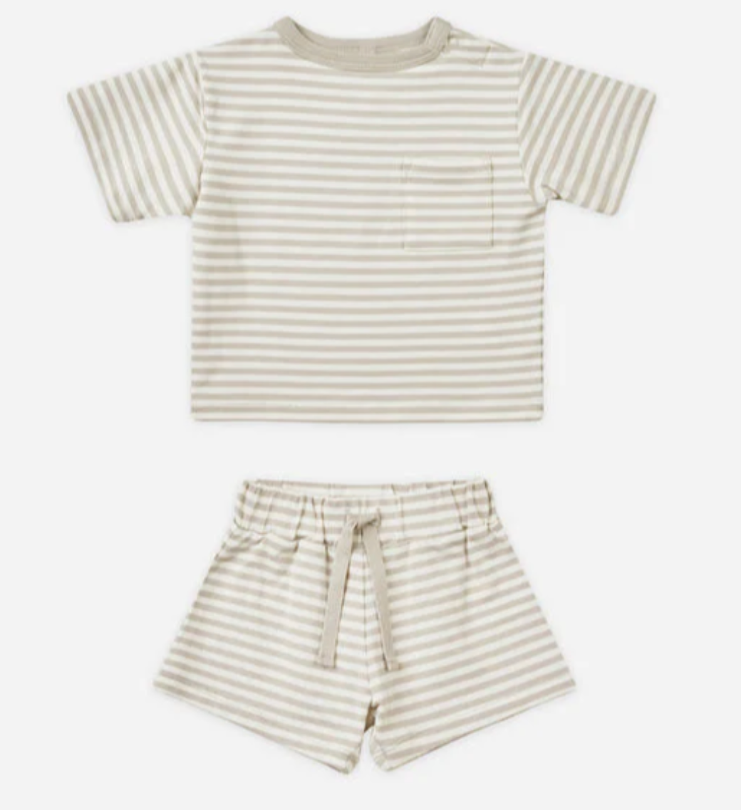 boxy pocket tee + short set || ash stripe