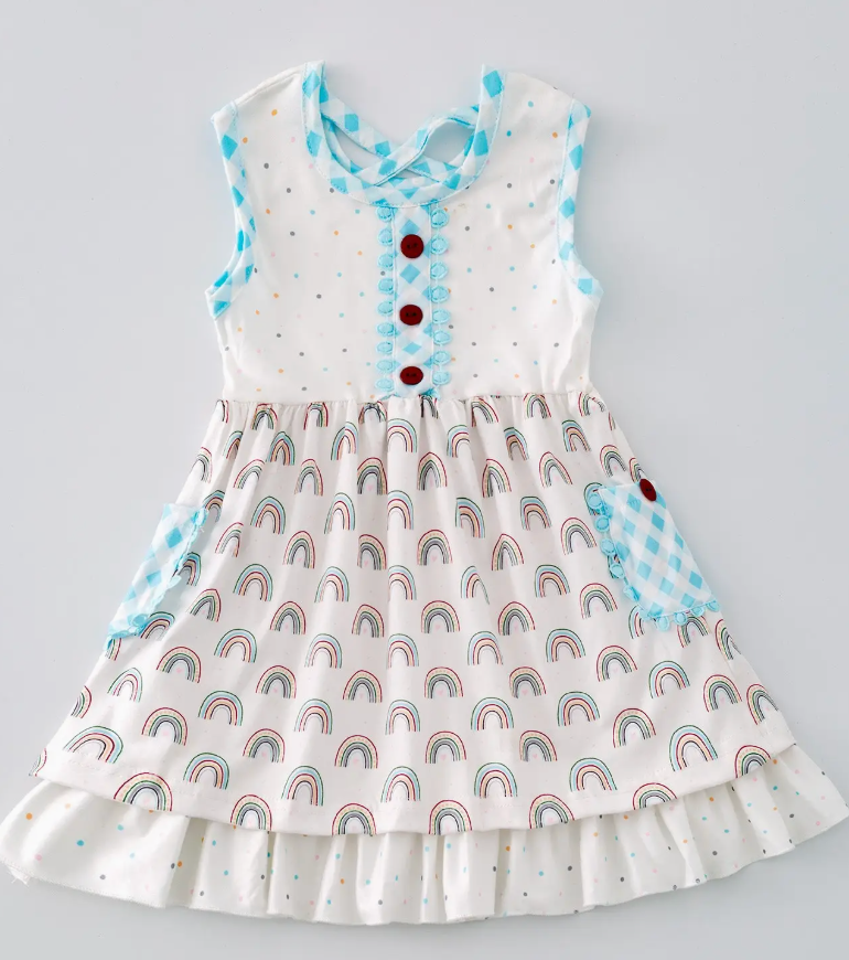 Polka Dot Rainbow Double Hem Dress with Button Pockets
