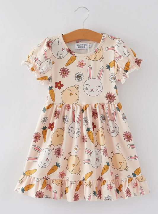Bunny Chick Print Puff Sleeves Girls Dress