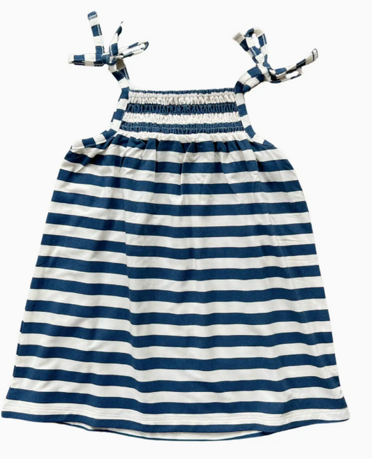 Girl's Smocked Summer Dress - Naval Stripe