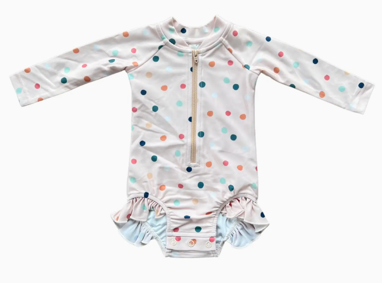 Girl's One-Piece Ruffle Rash Guard - Summer Polka Dots