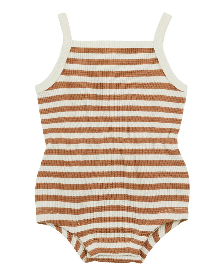 waffle cinch romper || clay stripe