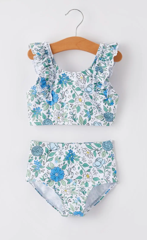 Blue Floral Girls Swimsuit