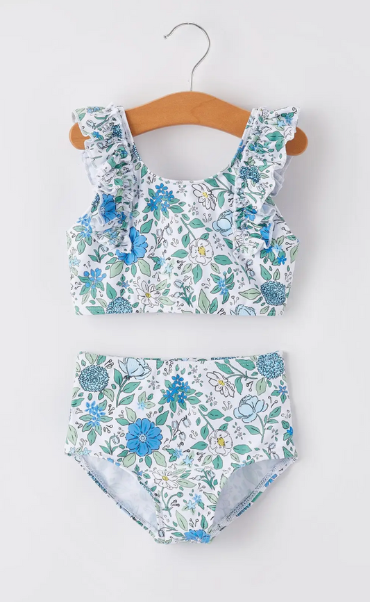 Blue Floral Girls Swimsuit