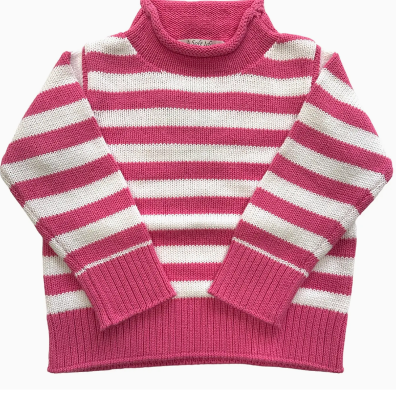 Striped Rollneck Sweater | Fuchsia and White