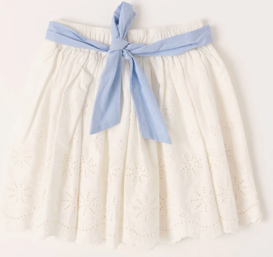 Emb Hem Stripe Belted Skirt | White / 2T
