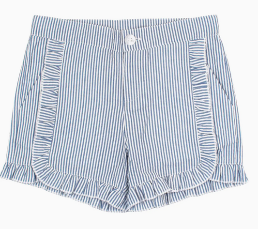 Girls Blue Seersucker Ruffle Trim Woven Shorts | Blue / 6