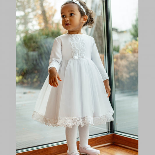 long sleeve white and silver star dress with pink trim