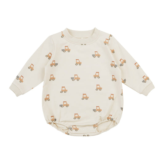 crewneck bubble romper || tractors
